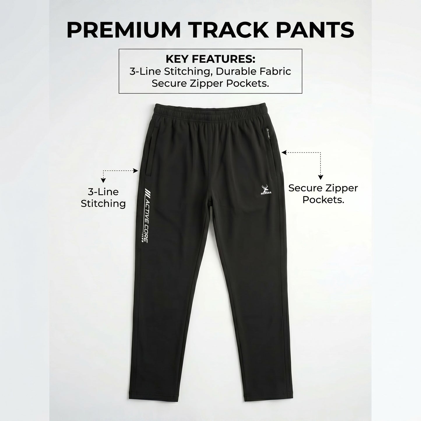 Black Lower for Men | Mensra 4-Way Stretch Gym & Sports Lower with Zip Pockets