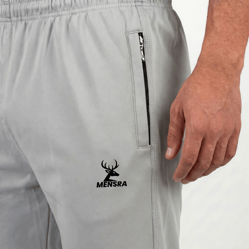Grey Track Pants for Men | Mensra 4-Way Stretch Gym, Running & Sports Track Pants with Zip Pockets